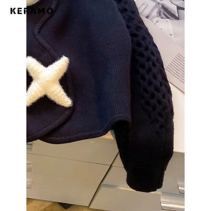 2023 Autumn Winter Casual Y2K Knitting Long Sleeve Black Pullovers Korean Fashion Women Geometric Ladies Loose Fit Sweater