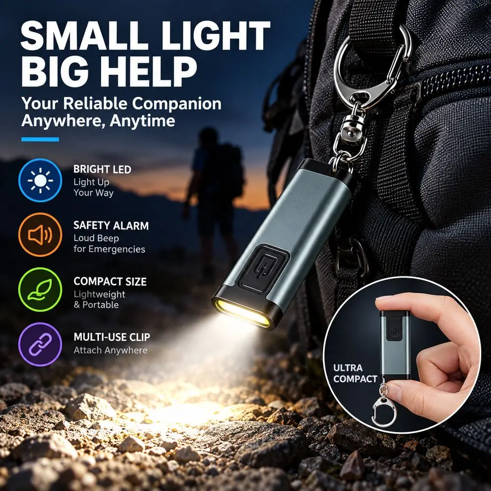 Mini Keychain Light Keychain Flashlight LED Long Range Beam Rechargeable Keychain Light Buzzer Multi-Mode Lighting