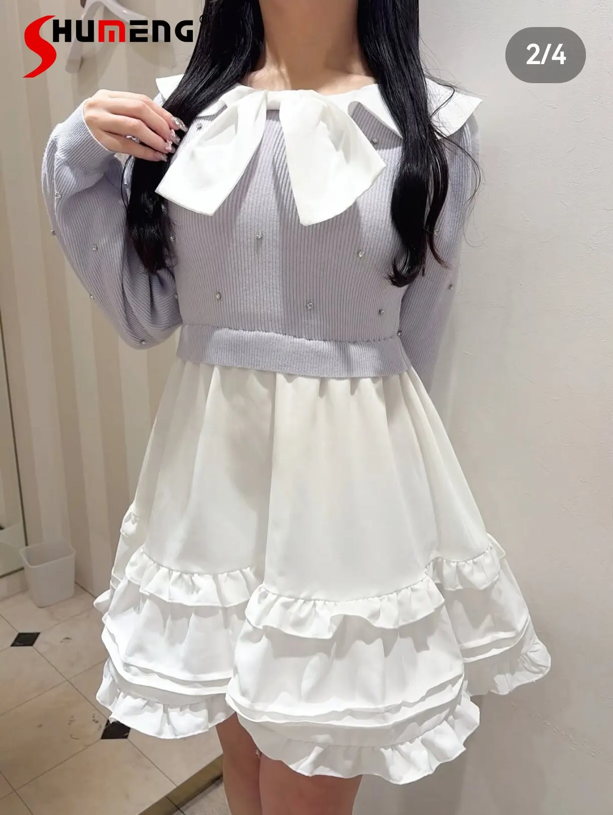 

Элегантное короткое вязаное платье в японском стиле с кукольным воротником, шнуровкой, бантом, длинными рукавами и бриллиантовой отделкой на высокой талии для женщин, весна 2026