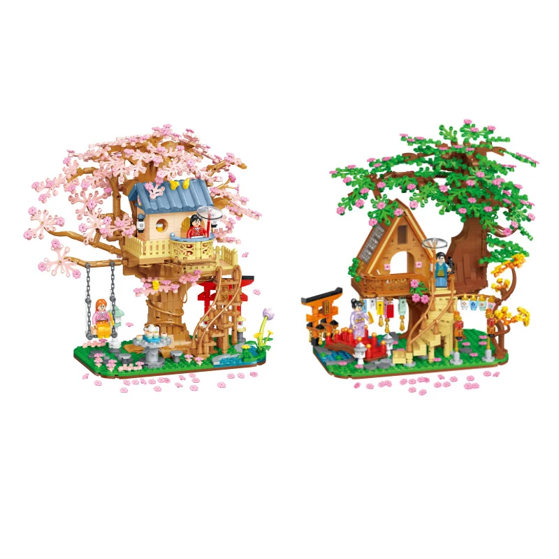 

Cherry Blossoms Tree House Mini Building Blocks Assembled 3D City Streetscape Model Micro Bricks Figures For Kids Toys