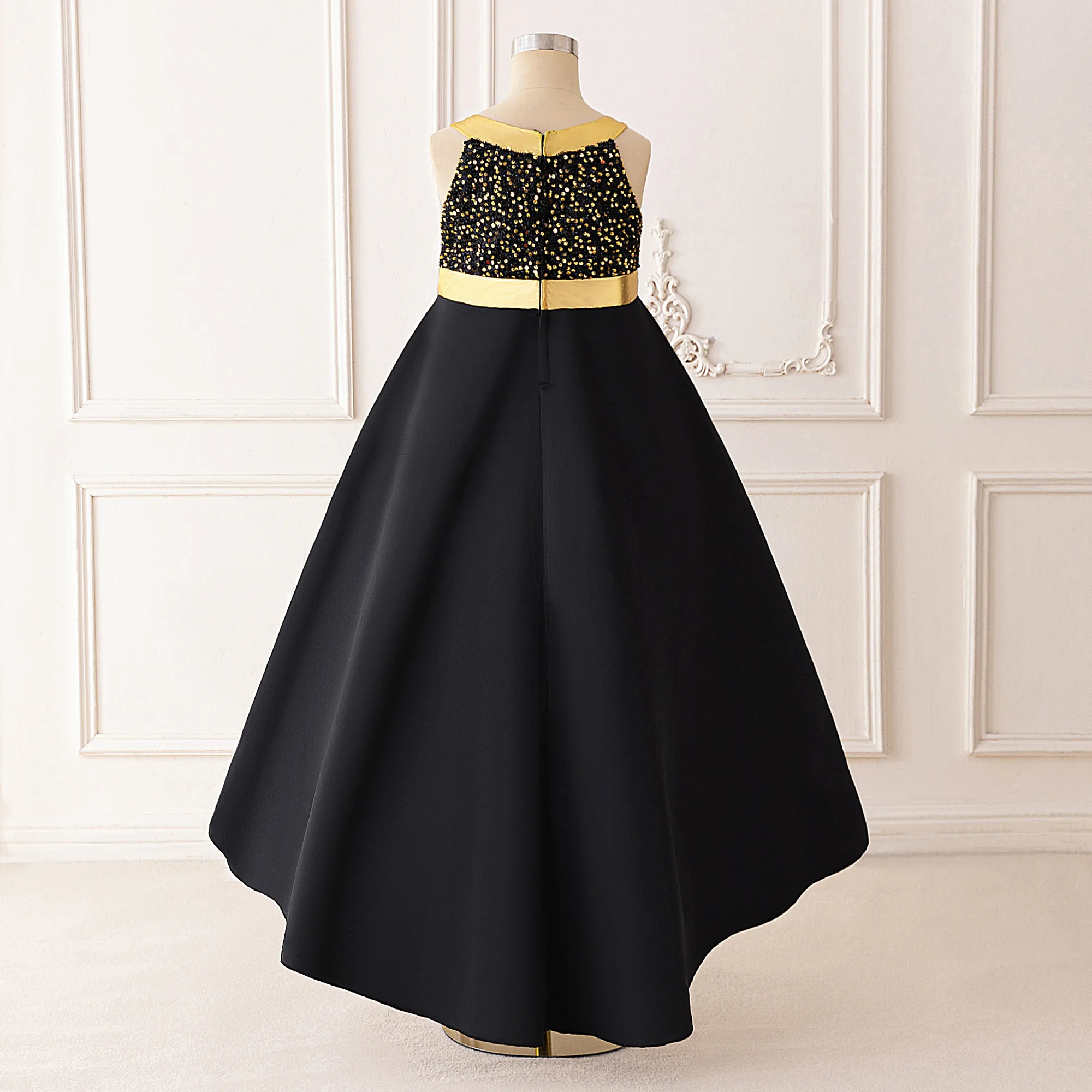 Fashion Gold Sequin Party Girls Dress Elegant Bridesmaid Wedding Princess Prom Dresses Girl Tailed Birthday Gala Evening Costume