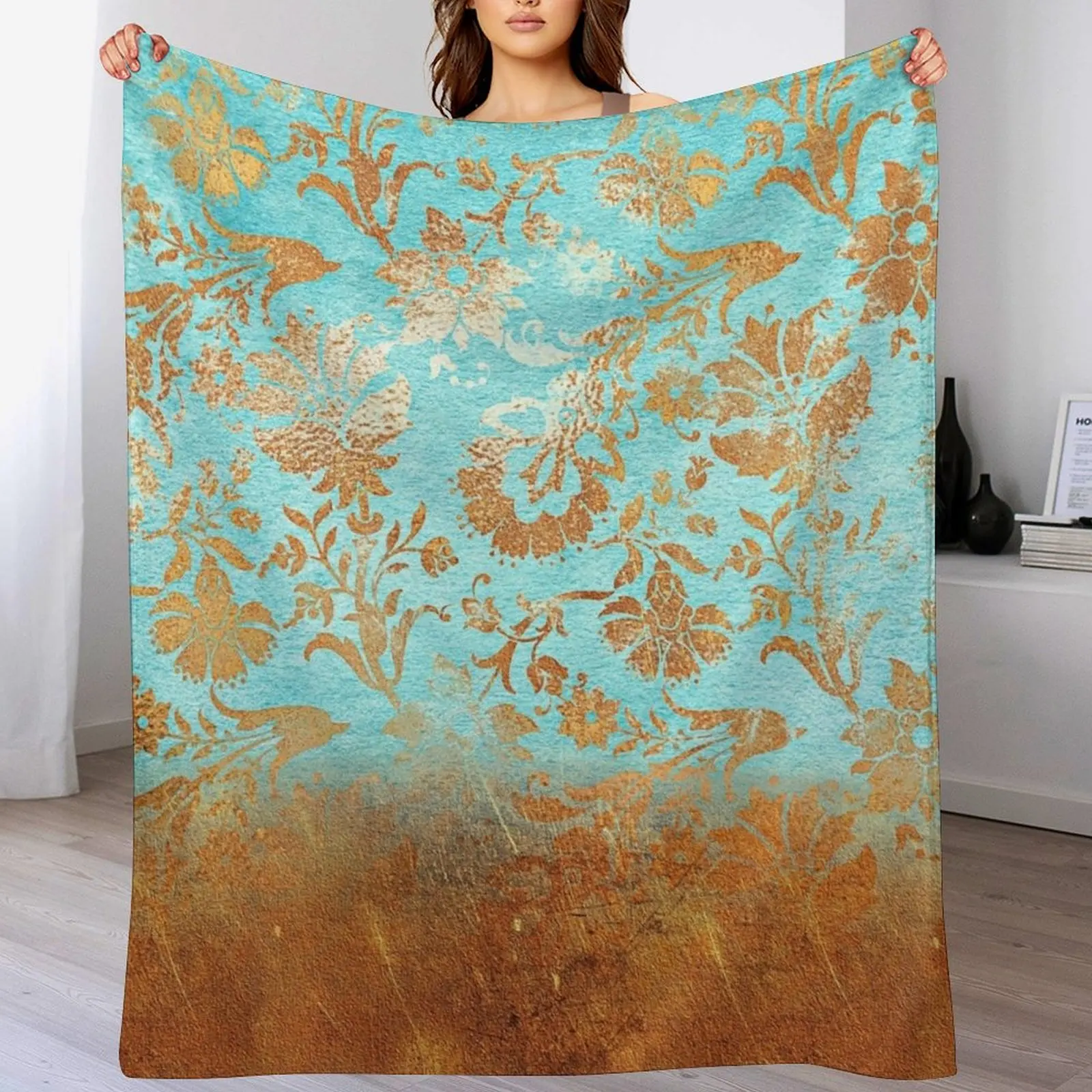 

Turquoise Glamour Faux Copper Gatsby Damask Throw Blanket Bed Decorative Sofas Beach Blankets