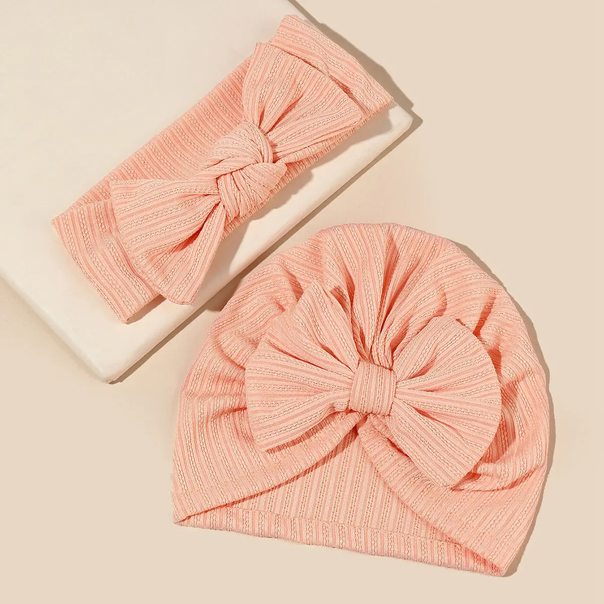 2Pcs/Set Baby Fabric Bow Headband and Hat Set Solid Color Baby Girl Turban Newborn Hair Accessories