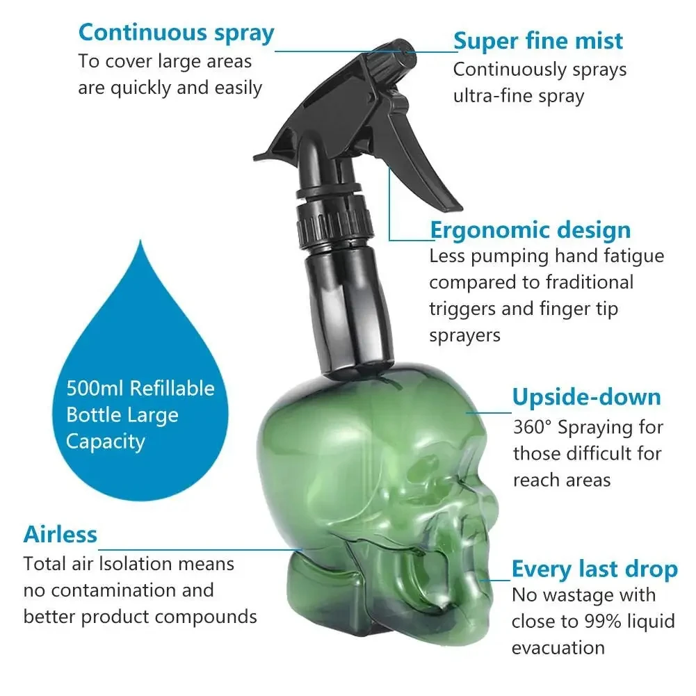 500ml Skull Shape Spray Bottle Refillable Trigger Sprayer 360 Upside Down Fine Mist Water Bottle For Barber Salon Tattoo Househo