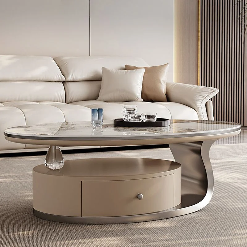 Modern Oval Stone Coffee Table Set With Gray Stainless Steel Abstract Base Beige Top And Drawer Storage