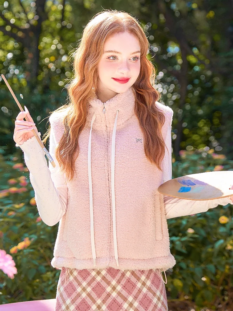 

Pink Faux Lamb Fur Thiened Cotton Vest Women's Outerwear Faionable Autumn Winter New Sle Sweet Sle Zipper Splice Design