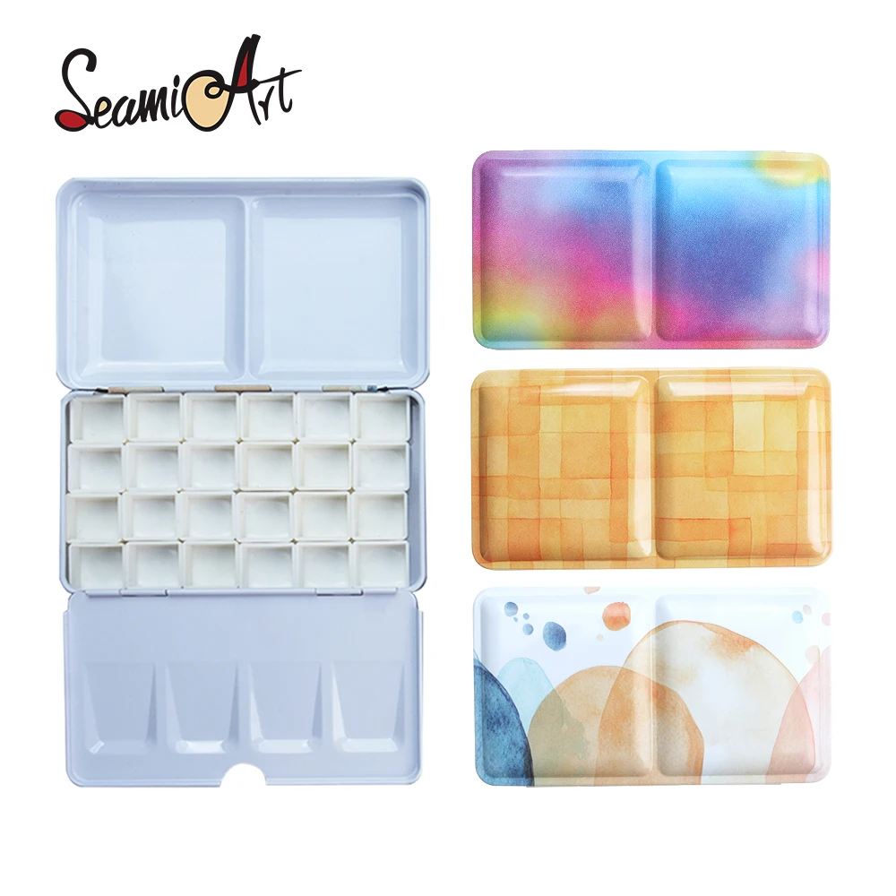 SeamiArt 1pc Flat Metal Box with Magnetic Half Pans Classic Folding Iron Case for Watercolor Paint Subpackage Art Supplies