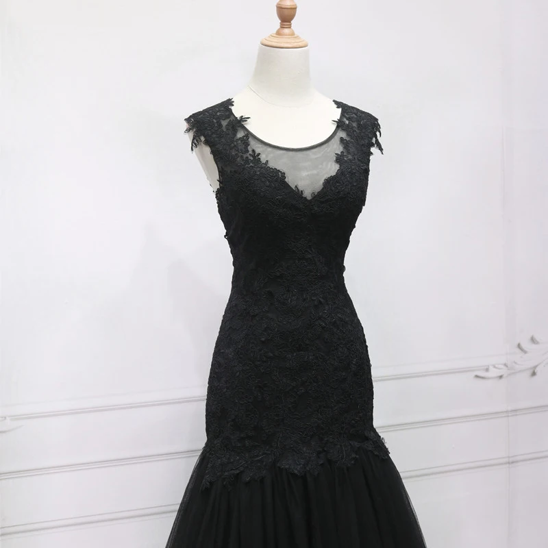 Vestido de noche de tul de ilusión de encaje negro, cuello redondo sin mangas, cremallera trasera, sirena, trompeta, hasta el suelo, más vestidos de fiesta para niña B2236