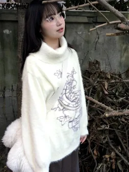 ญี่ปุ่นหวาน Jacquard Fairy เสื้อกันหนาวหลวม Harajuku ถัก Grunge Pullovers 2025 ฤดูหนาว Y2k ความงามผู้หญิงวินเทจจัมเปอร์