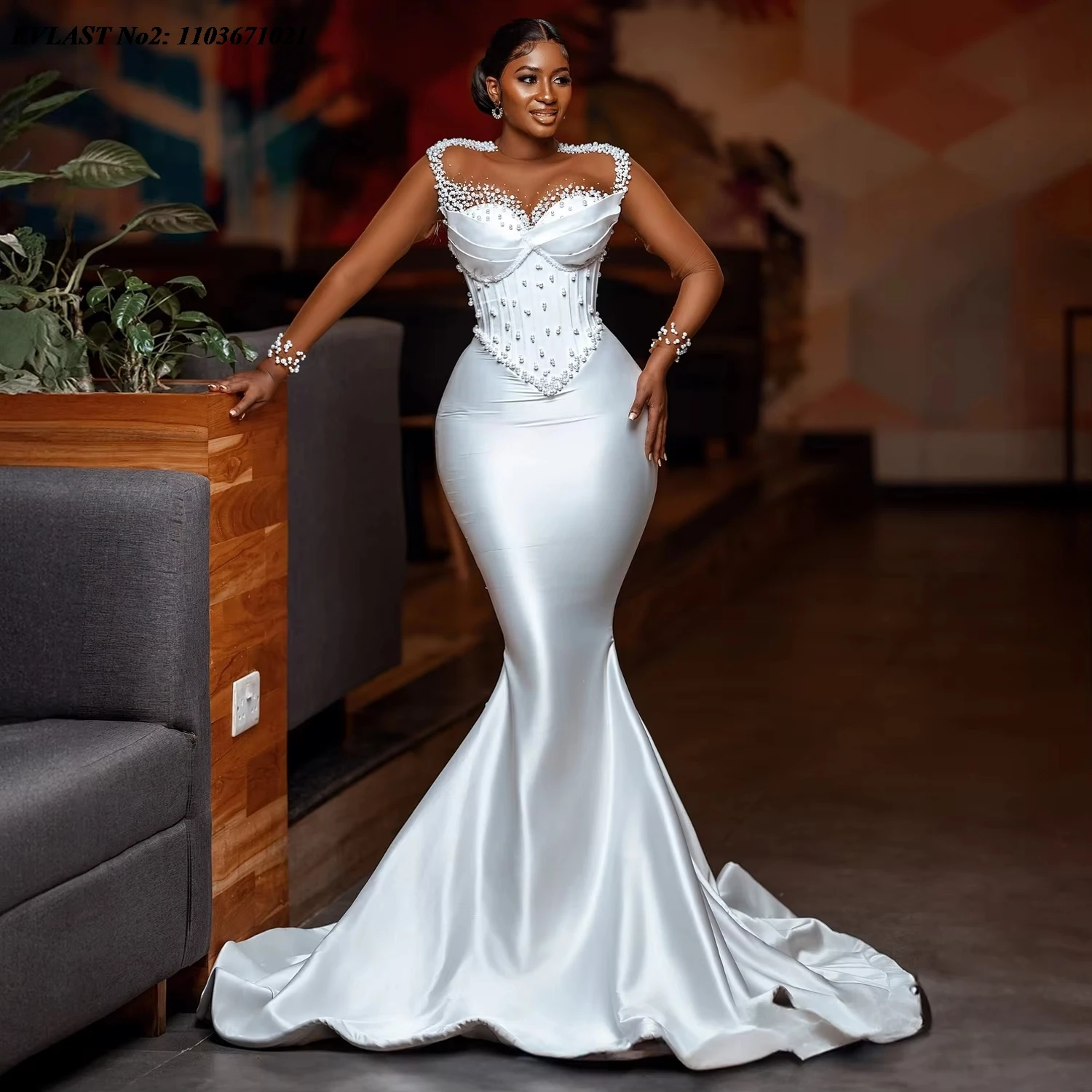 

EVLAST Customized Gorgeous African White Mermaid Evening Dress Hand Pearls Aso Ebi Prom Dress Plus Size Formal Party Gown E2P01