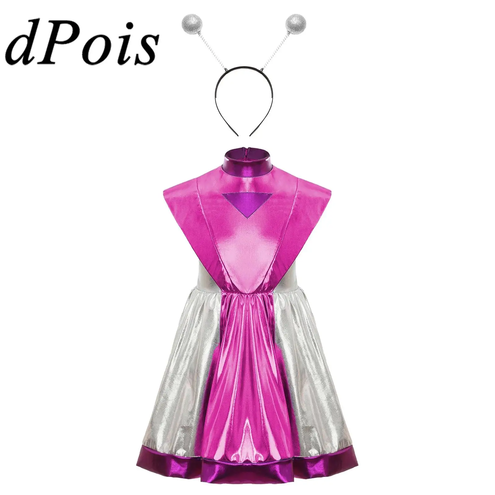 Disfraz de Alien para Halloween para niñas con aro para el pelo, vestido metálico brillante del espacio exterior cósmico, disfraz de juego de rol de Robot galaxia
