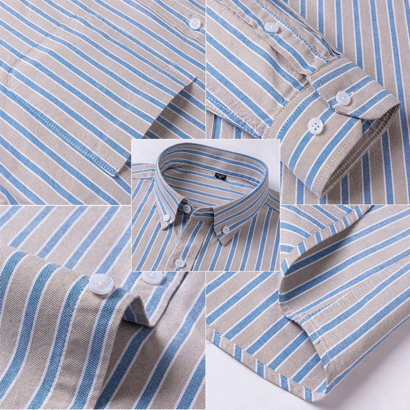 Fashion 100% Cotton Oxford Plaid Long Sleeved Shirts For Men's Slim Fit Formal Dress Soft Striped Checked Casual Elegant Blouses