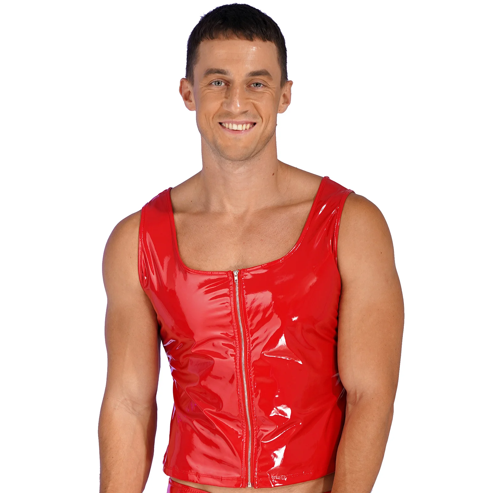 Mens Fashion Zipper Patent Leather Tank Top Wet Look U Neck Sleeveless Vest Party Clubwear Pole Dancing Rave Outfit