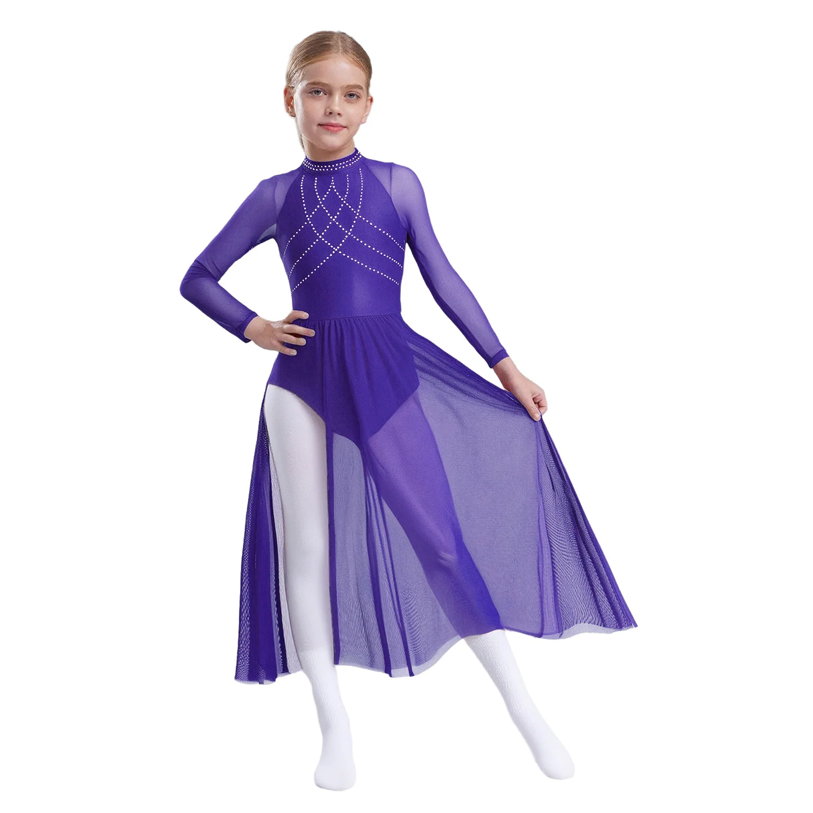 

Kids Girls Lyrical Ballet Ballroom Modern Dance Performance Costume Rhinestones Sheer Mesh Leotard Dress for Ballet Dancewear