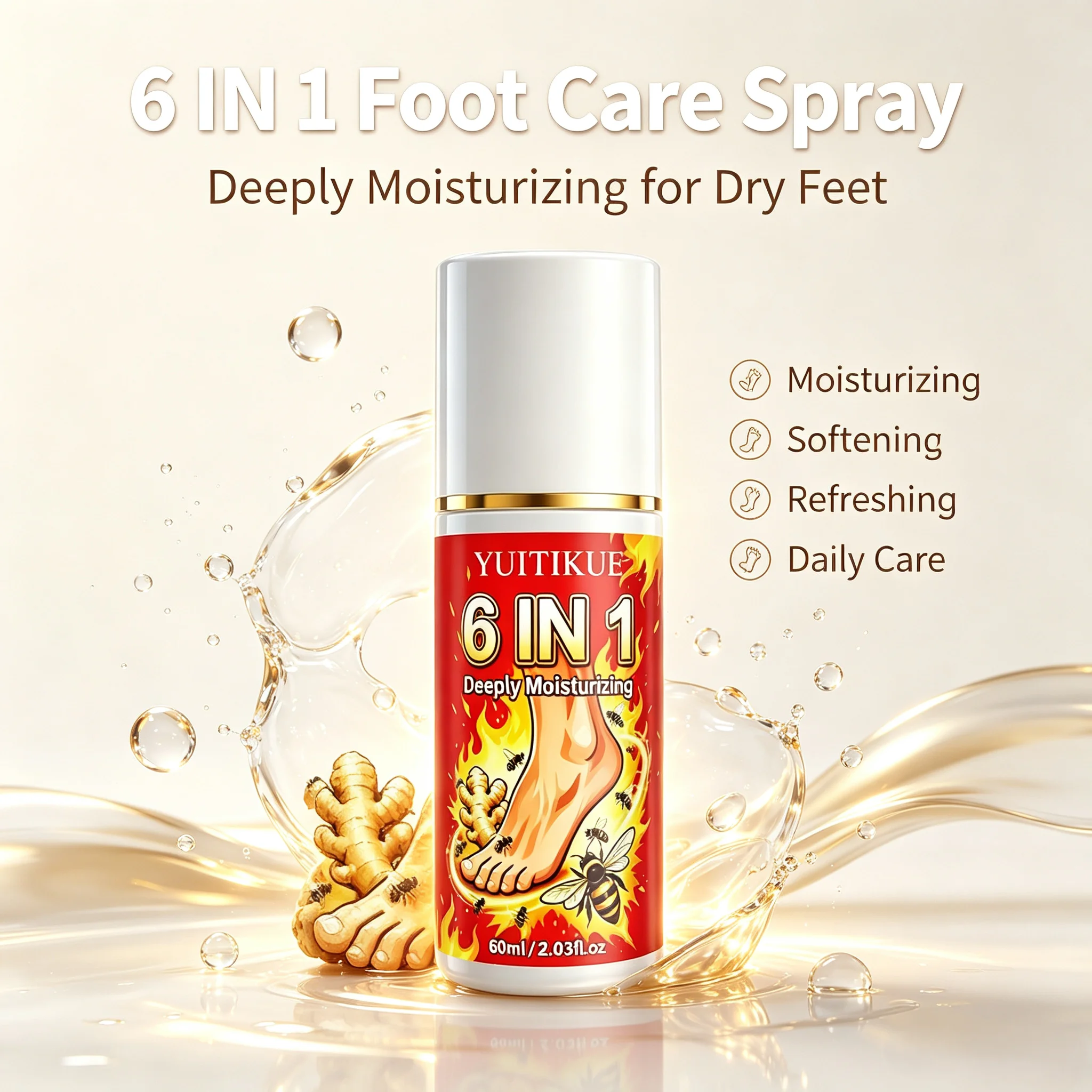 YUITIKUE 6 IN 1 Foot Care Spray Bee Venom Ginger Formula Deeply Moisturizing Foot Skin Hydrating Care Spray 60ml