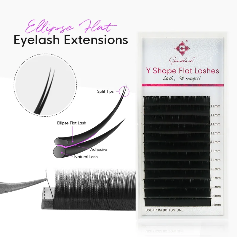 Genielash Matte Flat Ellipse Lashes Extension Individual Double tips Mink Flat Eyelashes Soft Natural Eyelashes Supplies