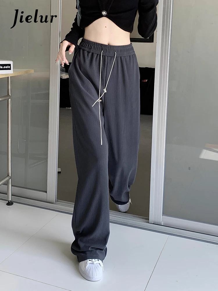 Jielur New Women's Solid Color Vertical Stripe Casual Pants Spring Elastic Waist Women Metal Chain Drawstring Wide Leg Pants