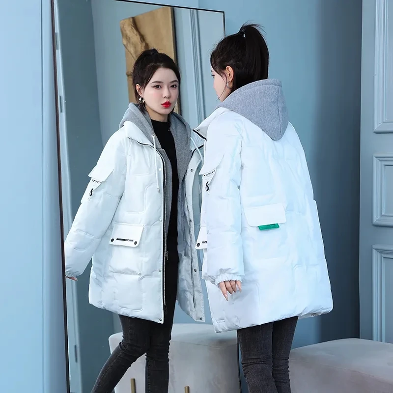 2023 New Women's Winter Jacket Warm Thick Cotton Coat Korea Fake Two Pieces Loose Hoodie Parkas Overcoat Female Snow Outerwear