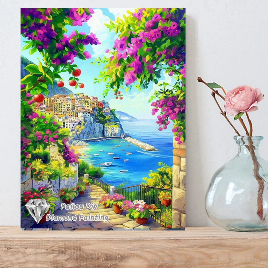 Schönes europäisches Dorf mit Blumen Landschaft 5D Diamant Malerei kleine Stadt Meer Landschaft Kreuzstich Mosaik Kunst Dekor