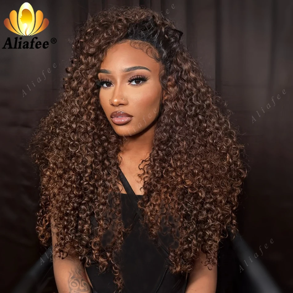 

Ombre Deep Chocolate Brown With Black Shadow Root Kinky Curly Wig 13x6 Transparent Lace Front Human Hair High Density Curly Wig
