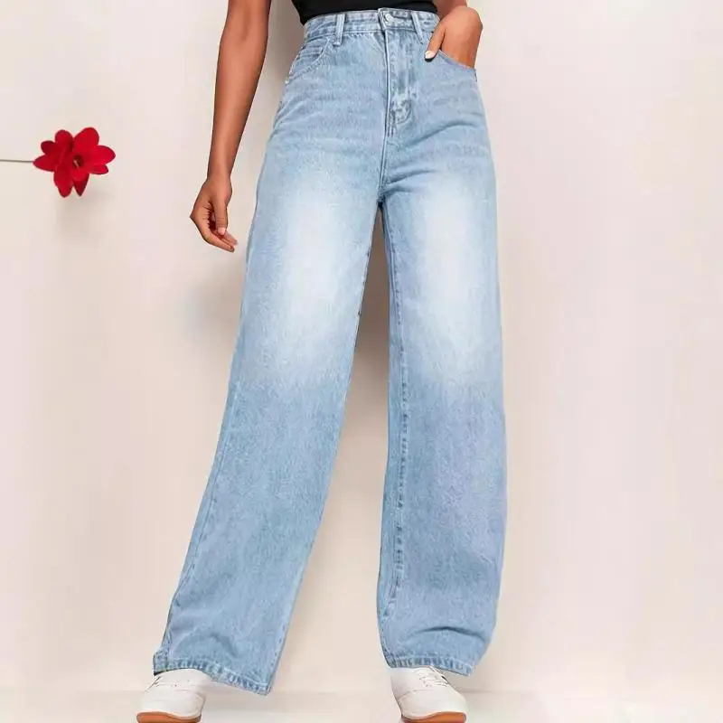 

Women's Clothing Fashion Jeans New Korean Style Casual Denim Straight Leg Pants High Waist Washed Denim Trousers for Women