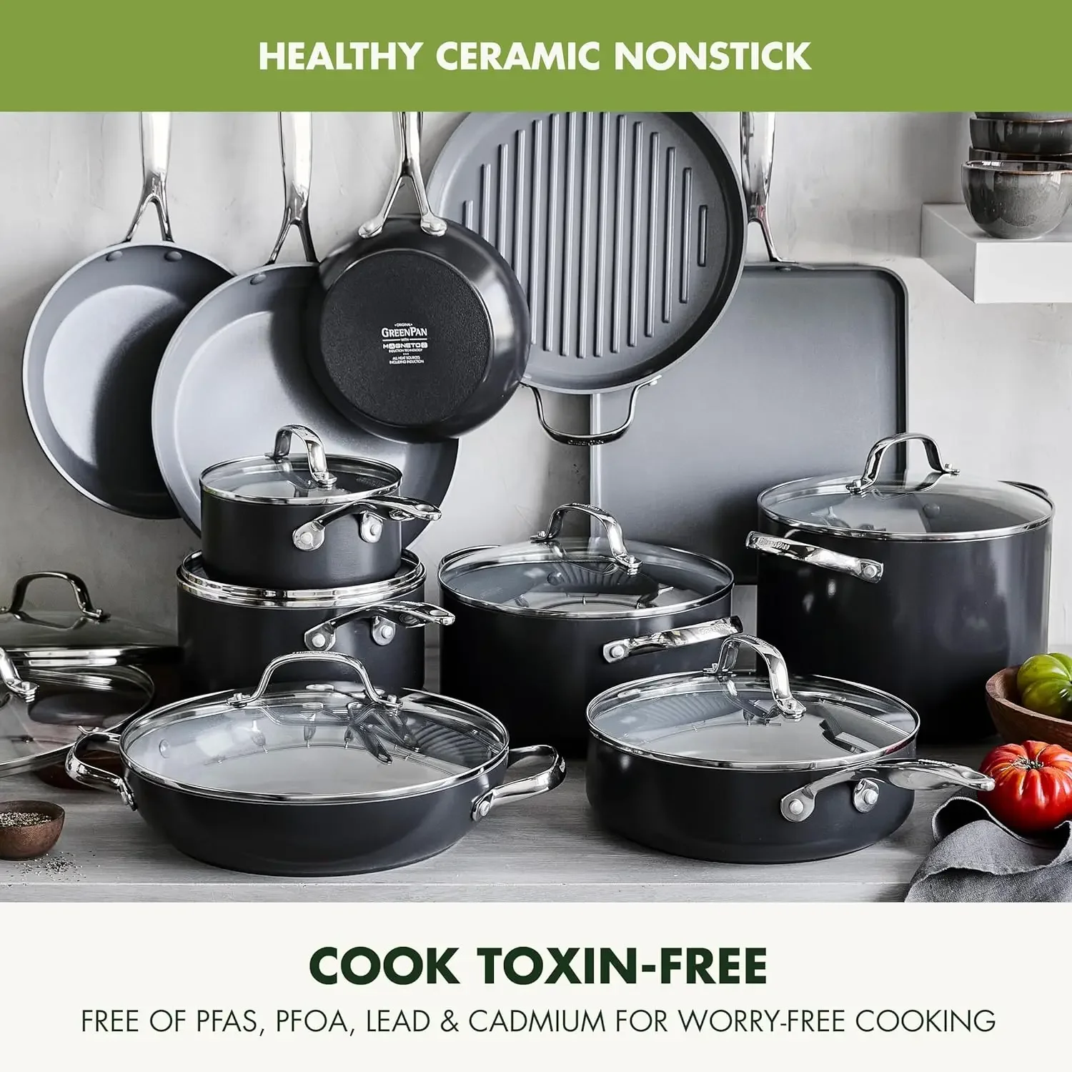 Valencia Pro Hard Anodized Healthy Ceramic Nonstick 22 Piece Cookware Pots & Pans Set, Fry Grill, Griddle, Saute & Sauce Pans