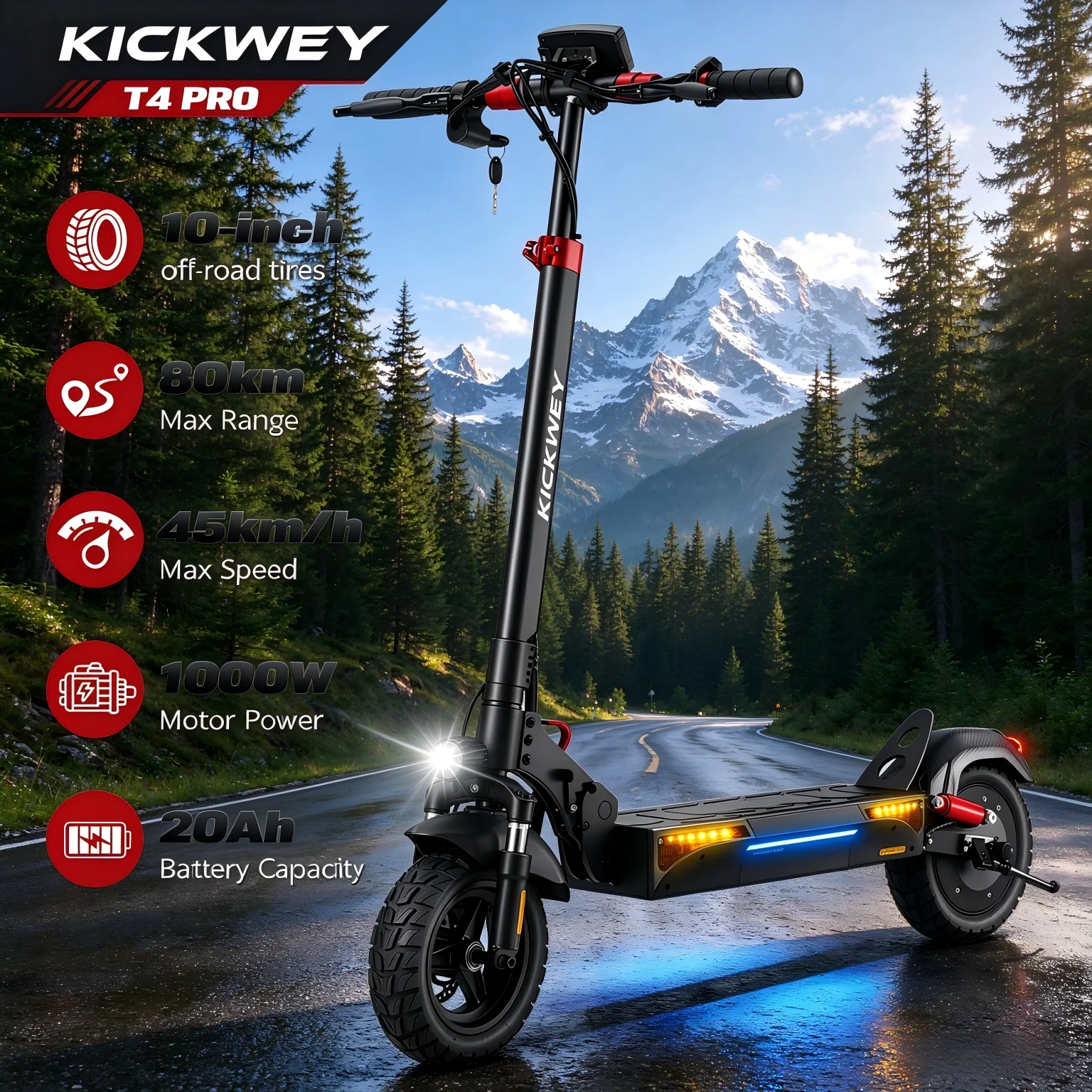 Monopattino elettrico pieghevole KICKWEY T4 Pro 1000W 48V 20AH, Bluetooth, luci colorate, doppia sospensione anteriore e posteriore, velocità massima 45KM/H (limitata a 25KM/H), pneumatici 10*2.75",