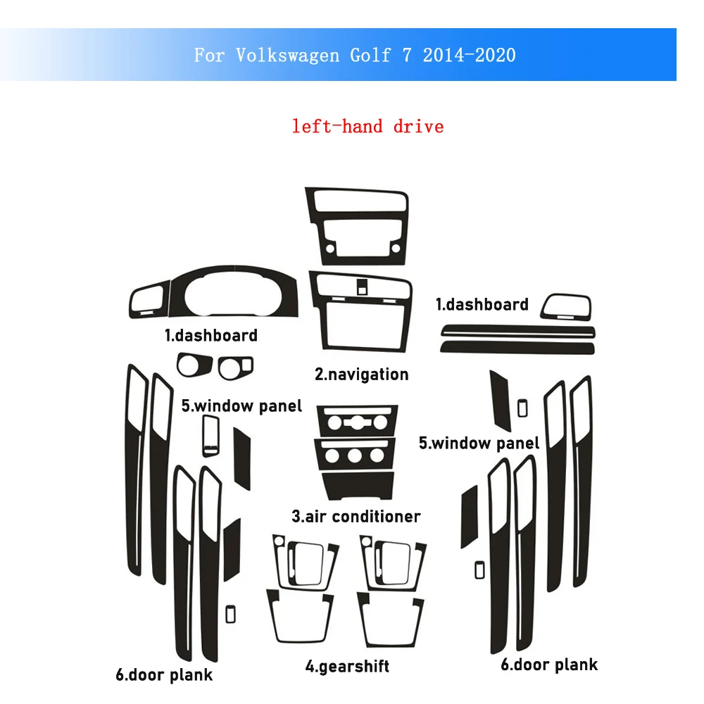 

Наклейка из карбонового волокна для Volkswagen Golf 7 2014-2020: пленка для интерьера, центральной консоли, приборной панели, дверных ручек, панели управления климат-контролем