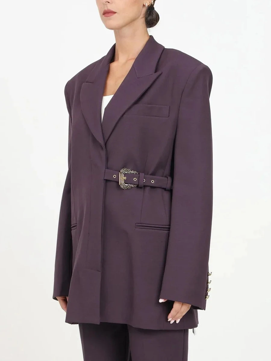 TWOTWINSTYLE Solid Spliced Belt Loose Blazers For Women Lapel Long Sleeve Temperament Patchwork Poctets Coats Female Fashion New