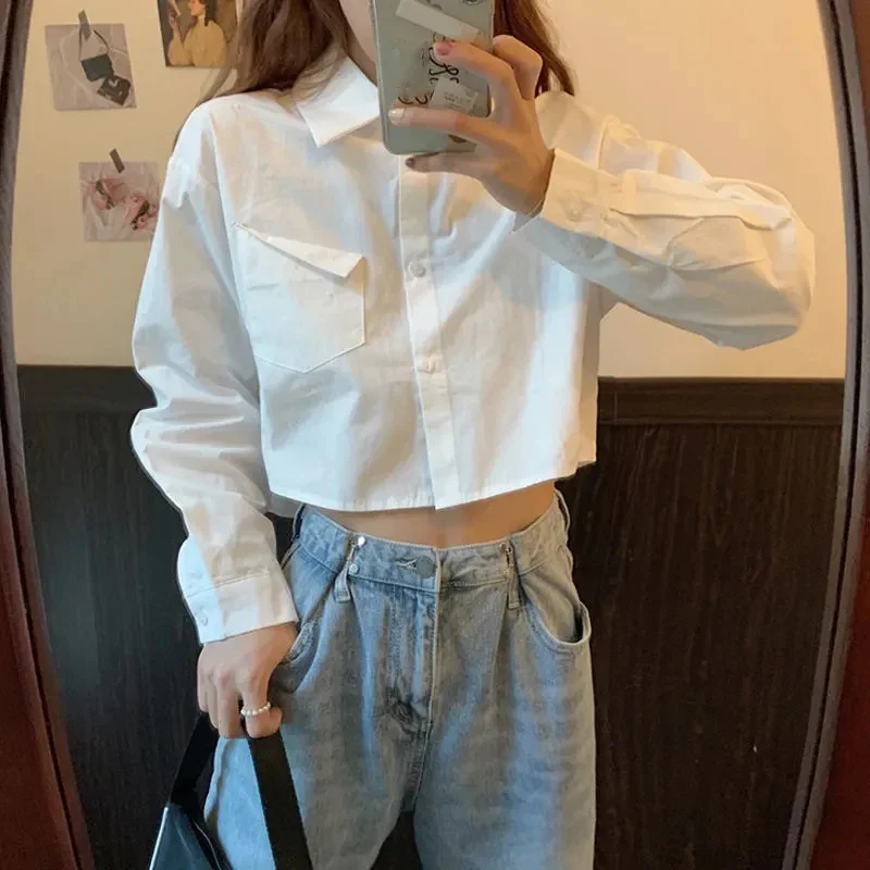 

White Shirt For Women 2024 Spring Summer Casual Wild Long Sleeve Crop Tops Female Japanese Style Student Pocket Cropped Blouses