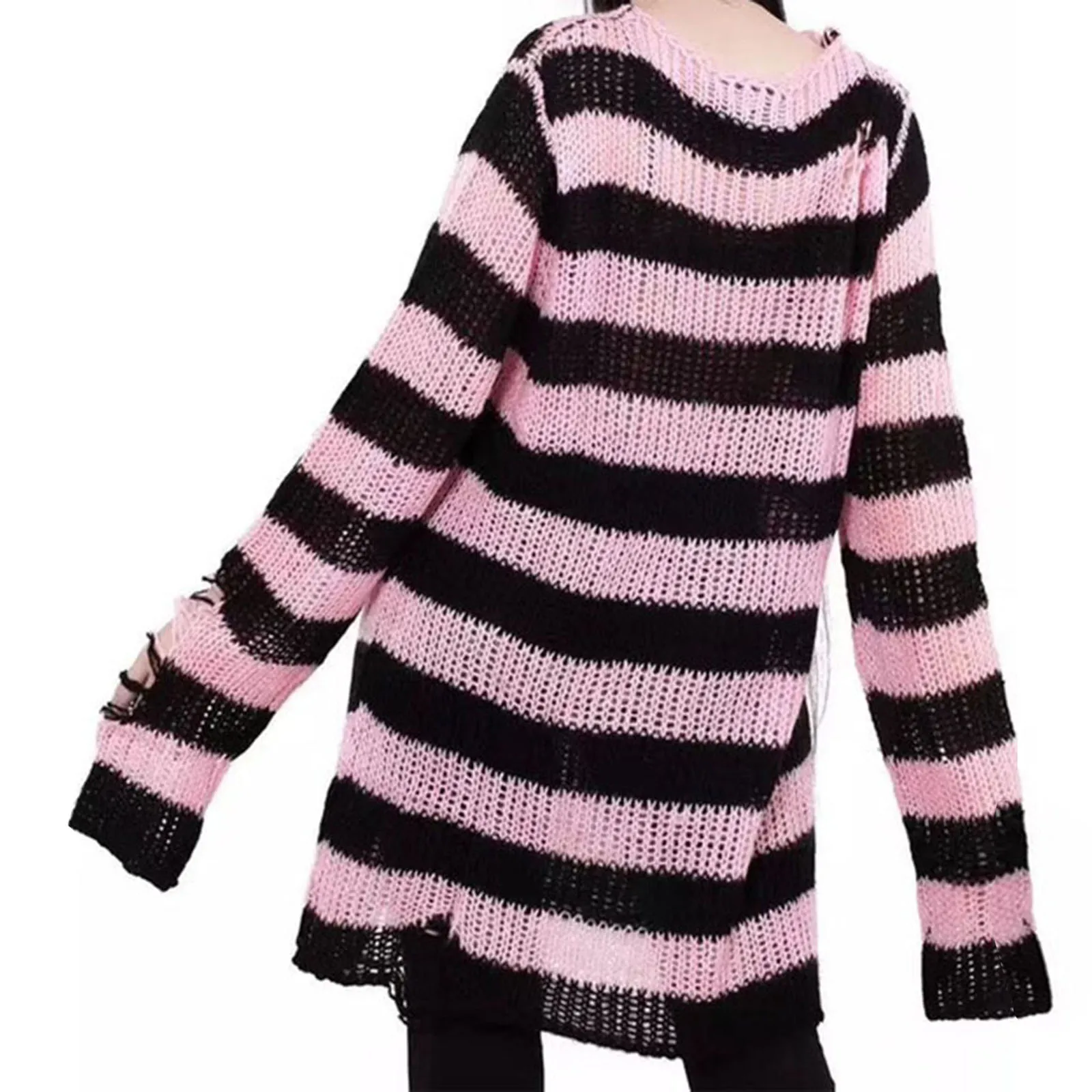 Women Punk Gothic Long Striped Sweater Hollow Out Loose Knit Pullover Tops Harajuku Aesthetics Ripped Jumpers