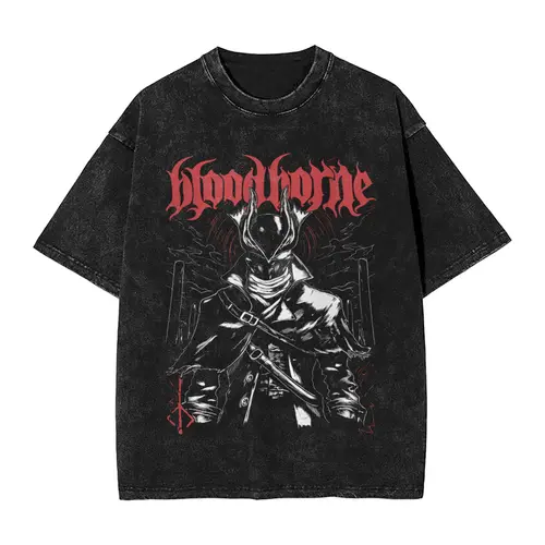 Camiseta lavada Harajuku, camiseta Vintage Merch de videojuegos Bloodborne, ropa de calle de gran tamaño, camiseta gráfica de manga corta