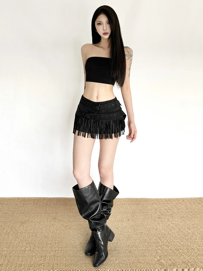 

Sisjuly American Cool Spicy New Trendy Double Belt Buckle Design Tassel High Waist Skirt for Women Fashionable Slim Fit