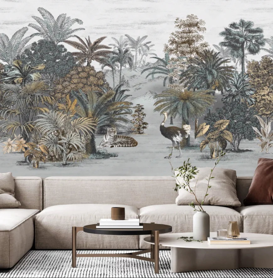 Customized size mural, palm tree, rainforest plant, banana tree, cartoon wallpaper