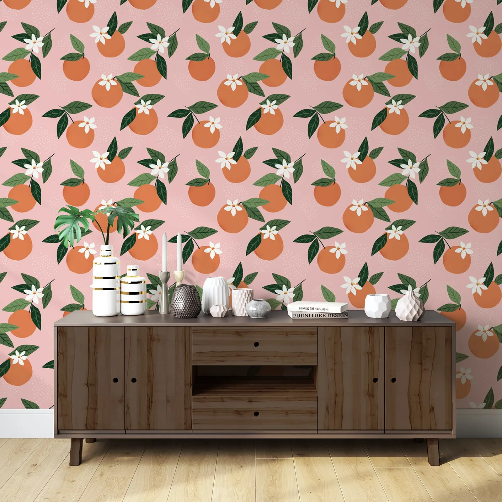 Oranje Roze Behang-Muurschildering Van Fruit, Schil En Stok, Oranje Kleur Abstracte Stijl Muurschildering-Zelfklevend Muurpapier