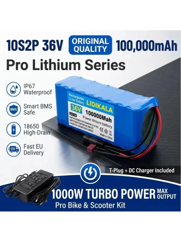 LIDIKALA 36V 10S2P 18650 Lithium-Akku-Pack mit integriertem BMS-Überladeschutz, Hochleistungs-Ersatzakku für Elektroroller, Citycoco E-Bike, 500W Motor