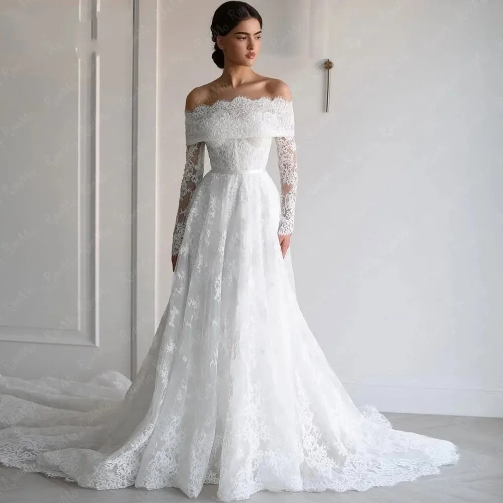 Squisito abito da sposa in pizzo a-line 2026 con spalle scoperte manica lunga backless sposa abiti da sposa nuovi abiti da noiva