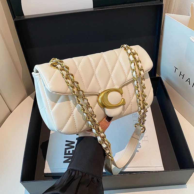 Women Quilted Leather Shoulder Bag Luxury C Logo Gold Chain Crossbody Bag Designer Small Flap Handbag Vintage Black Evening Clut view 2