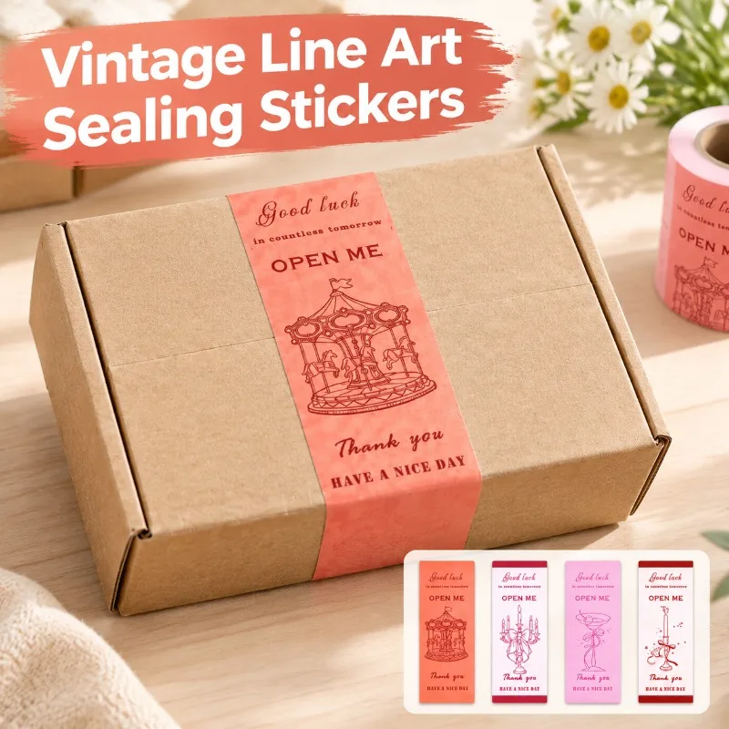 Vintage Line Art Long Sealing Stickers Colorful Package Band Decals Thank You Self-adhesive Labels for Mailer Shipping Box