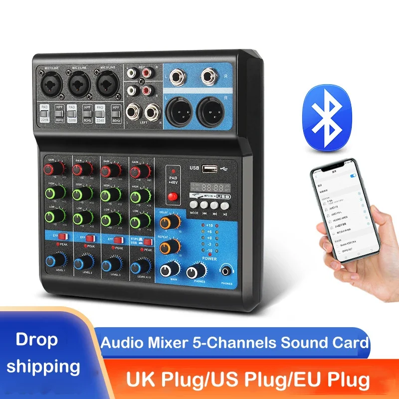 HD Audio 5 Channel Sound Mixer Professional Portable Console Computer Input 48V Power Live Broadcast A5 Sound Audio Mixer