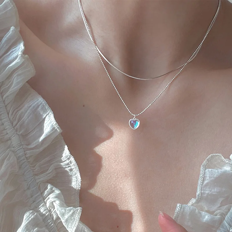 실버 컬러 더블 러브 하트 모양 월장석 펜던트 목걸이, 여성 그라데이션 원석 쇄골 체인, 커플