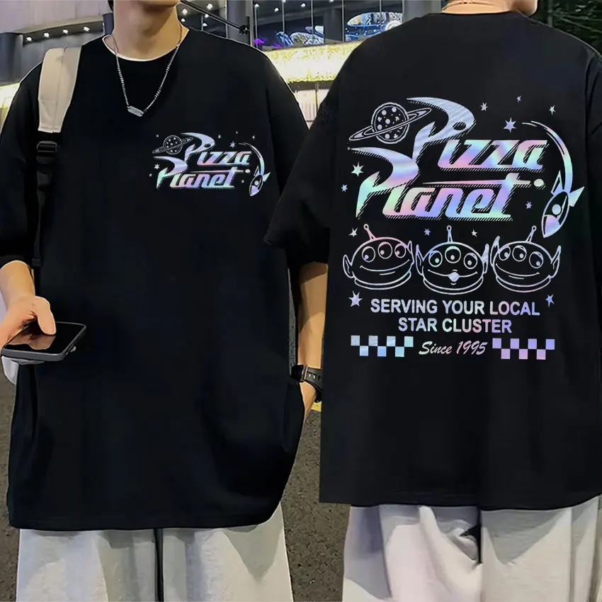 Divertente Pizza Planet Double Sided Print T-Shirt uomo donna Fashion Cartoon Harajuku magliette Casual Cotton oversize Street T Shirt