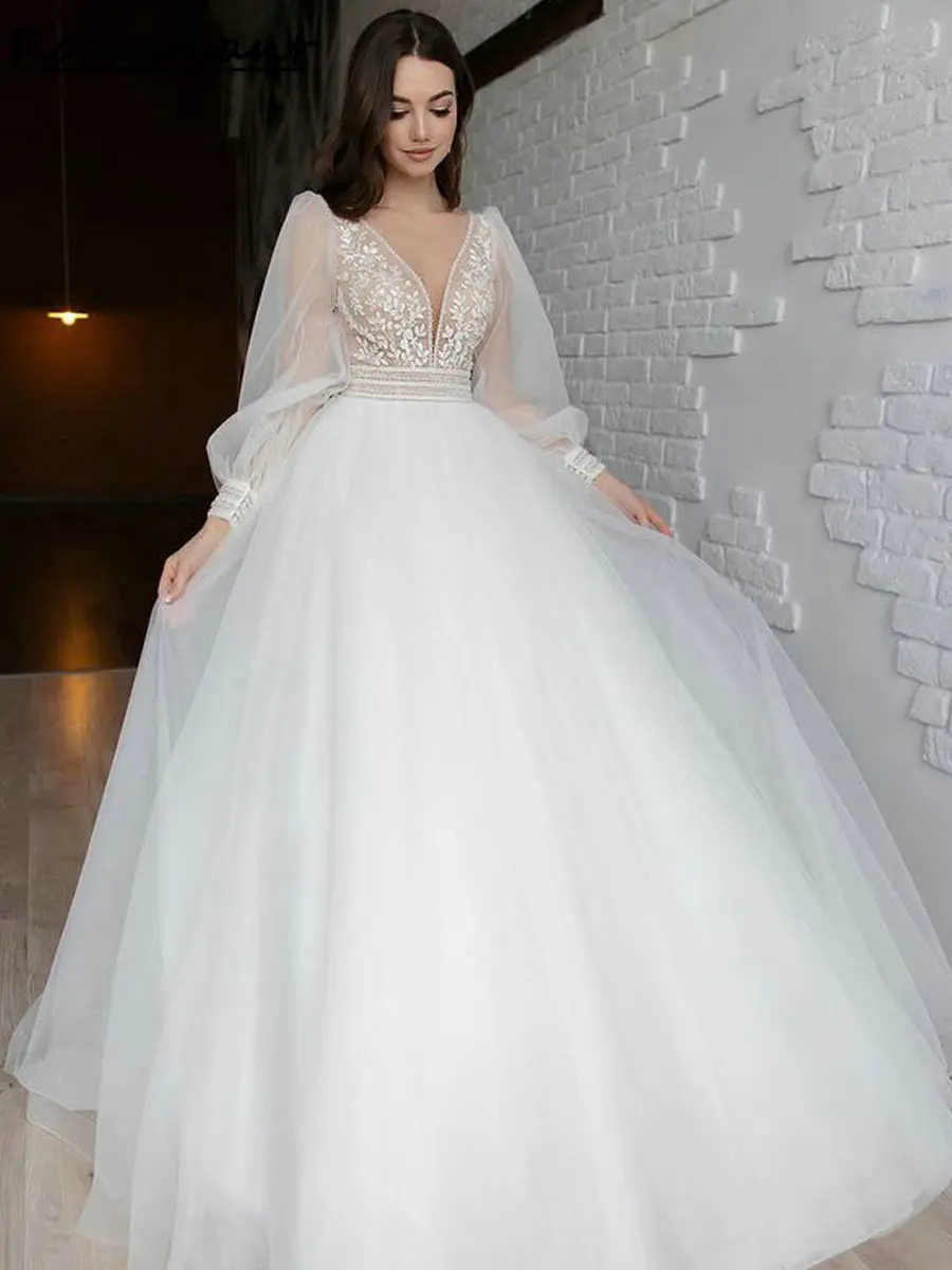 Abiti da sposa semplici con scollo a V e applicazioni in pizzo a trapezio Abiti da sposa country personalizzati a maniche lunghe con illusione