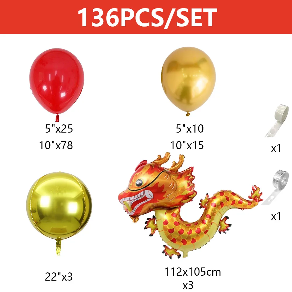 136pcs Chinese Red and Gold Balloons Balloon Garland Arch Kit with Dragon Foil Ballon for Chinese New Year Spring Festival Decor