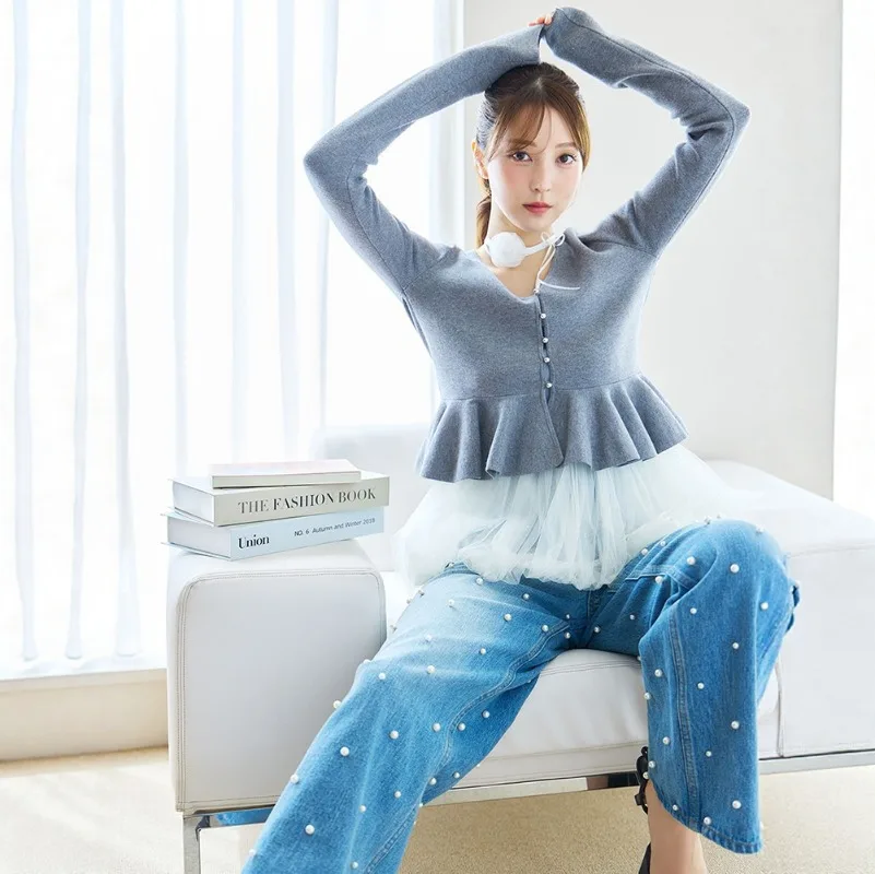 Japanese Style Sweet V-neck knitwear jacket Women's Lantern Hem Short Ruffled Long Sleeves Knitted Cardigan + Vest Two-piece Set