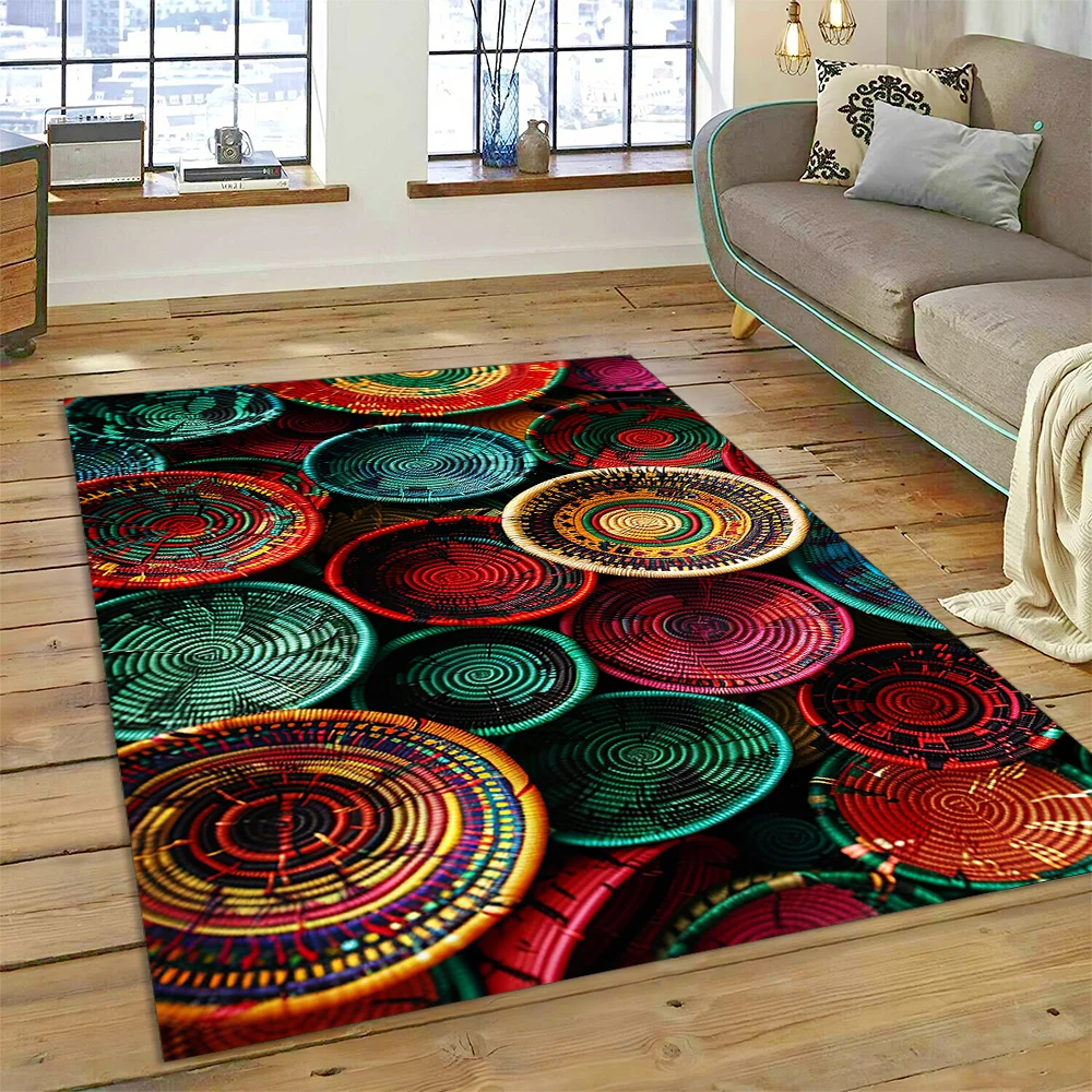 3D Ethiopia Colorful Flower Woven Art Baskets Mandala Rug Carpet for Living Room Bedroom Home Decor,Non-slip for Sofa Doormat