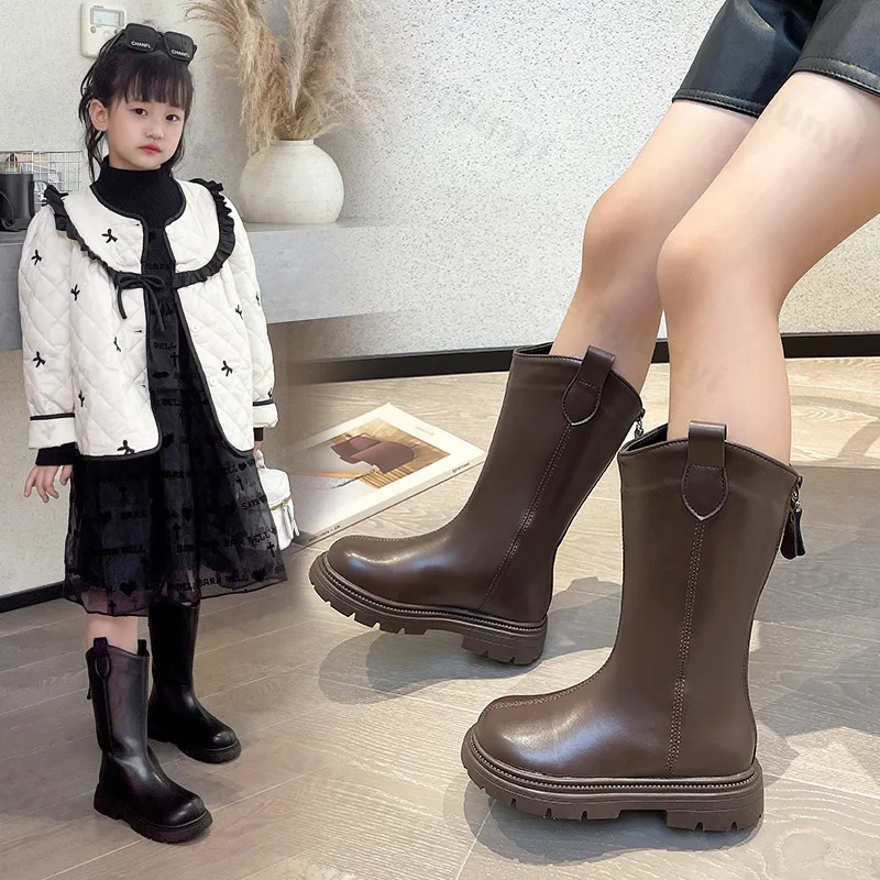 

Children Knee Length Boots Winter New 2025 Student Girls Princess Boots Kids Zipper Comfortable Non Slip Solid Color Long Boots