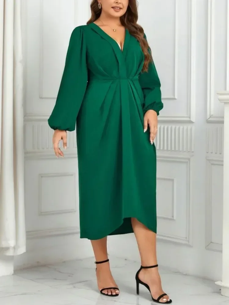 Plus Size Solid V Neck Women Dresses Puff Long Sleeves Ruched Robe Autumn Fall Sprimg Dress Elastic Waist Odzież Damska