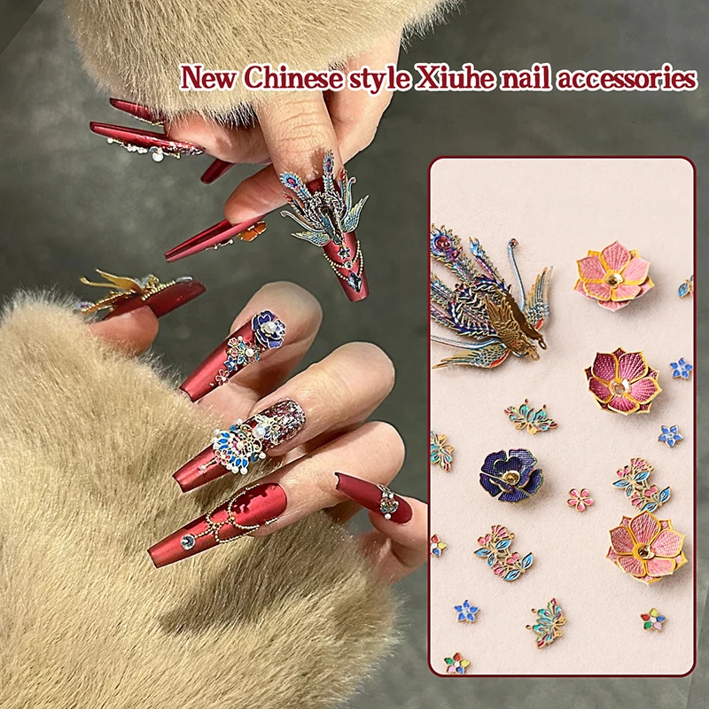 New Chinese Style Xiuhe Wedding Nail Accessories With Temperament Phoenix Crown And Rosy Glow Colorful Enamel Bridal Nail