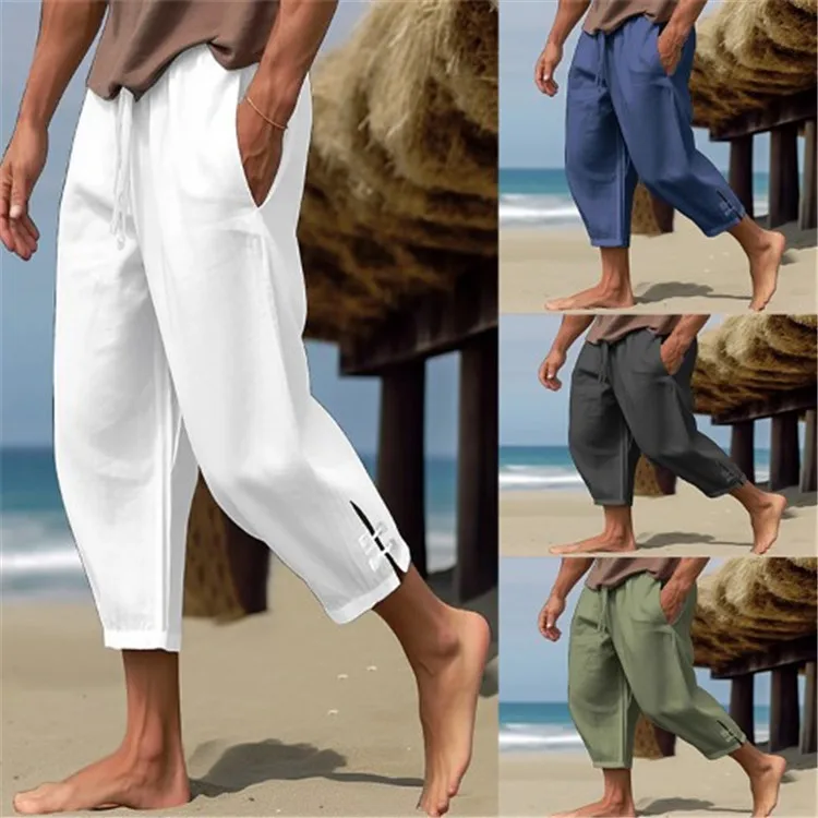 

Men's Casual Linen Pants Summer Open-Cuff Breathable Beach Vaion Loose Fit Youthful Sle Seven-Foot Length Thin Model